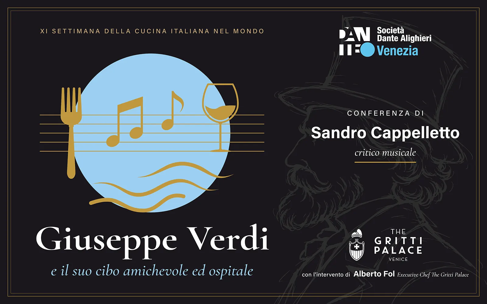 Locandina della conferenza “Giuseppe Verdi e il suo cibo amichevole ed ospitale” di Sandro Cappelletto al Gritti Palace di Venezia